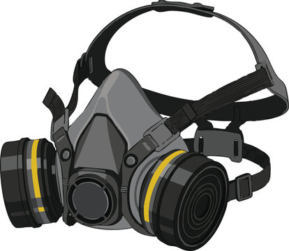 Professional industrial respirator mask for safety and personal protection during hazardous tasks, featuring filters and adjustable straps, isolated vector illustration on a clean white background