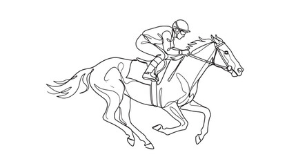 Fototapeta premium Dynamic continuous line art illustration capturing a jockey and racehorse in full gallop, depicting speed and motion in a thrilling equestrian competition vector graphic