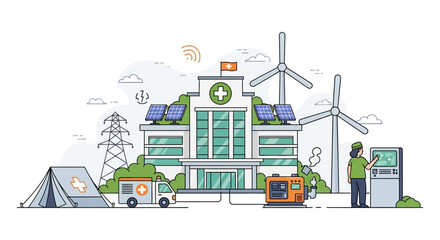 Naklejka premium Sustainable Hospital Energy & Emergency Infrastructure: Solar, Wind, Generator Power for Modern Healthcare
