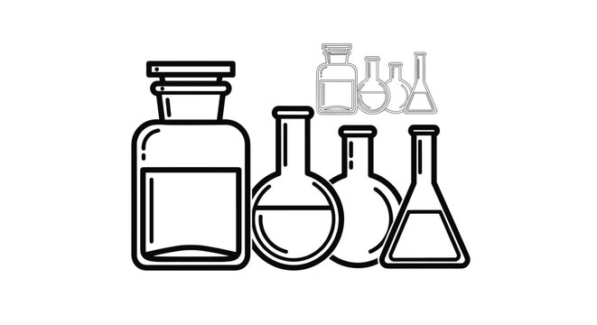 Diverse group of laboratory glassware including flasks and beakers with some filled with liquid in black line art style.