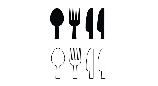 Set of cutlery including spoon, fork, and knife shown as both solid black silhouettes and simple thin line outlines.