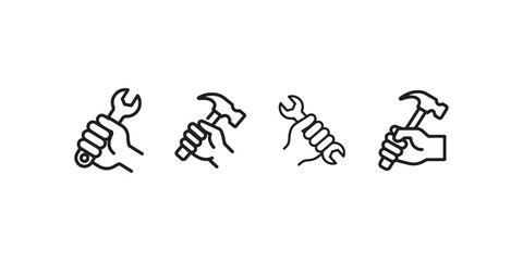 Hands holding wrench and hammer vector line art icons, construction tools in male grip, repair and maintenance symbol set