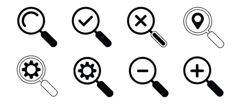 Magnifying glass icons with various symbols for search and inspection business and technology