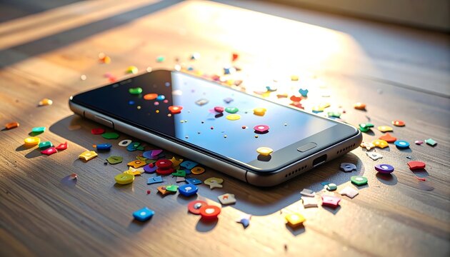 Modern smartphone on a wooden table surrounded by physical colorful social media notification icons representing digital communication overload and high mobile engagement