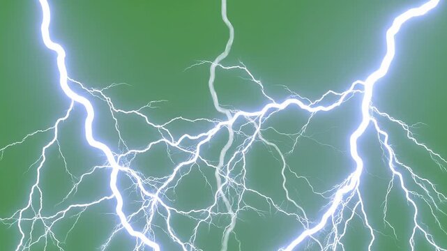 lightning strike animation on green screen background showing powerful thunder electric bolt effect for storm scenes, dramatic visuals and vfx compositing