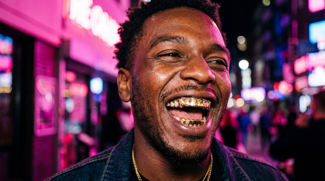Person Laughing with Gold Grills under Neon Pink Light Flash
