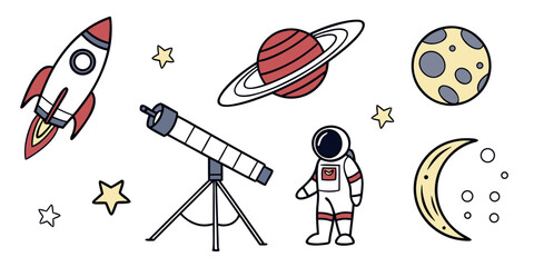 Set of cute handdrawn space elements including rocket, planet, telescope, astronaut, moon, and stars © Mamun