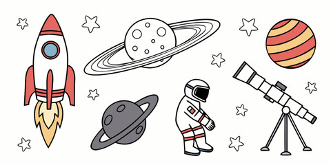 Cute hand drawn space elements set with rocket astronaut planets and telescope © Mamun