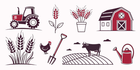 Set of farm and agriculture icons including tractor barn wheat chicken cow pitchfork and watering can © Mamun