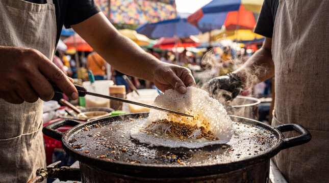 Traditional Brazilian Tapioca Crepe Folding on Hot Outdoor Market Griddle