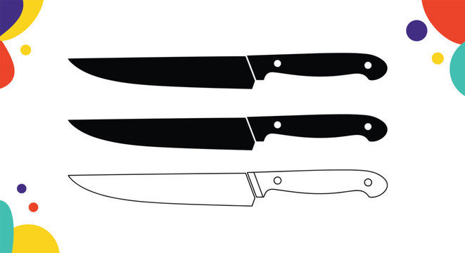 Collection of three kitchen knife silhouettes presented in solid and outlined styles with vibrant abstract corner decorations.