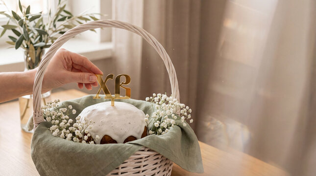 A hand placing a golden 'XB' topper on a glazed Easter cake in a white wicker basket with gypsophila flowers. High-end lifestyle aesthetic with soft, airy lighting.