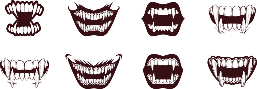 Vampire teeth silhouette collection, vampire fangs, toothed mouth dominates on white background.