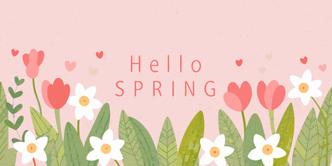 A cheerful spring greeting with flowers and hearts on a pink background © Ramanath