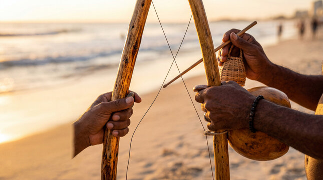 Musician Hands Playing Berimbau Instrument on Tropical Beach at Sunset