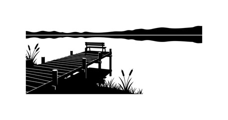 Obraz premium Black silhouette vector illustration of a dock by a lake