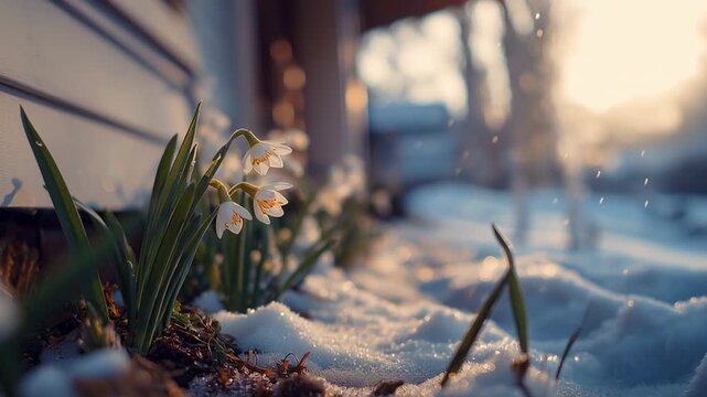 First spring snowflakes, Leucojum vernum, blooming through the melting snow in a backyard. The sun is rising, casting a warm golden light