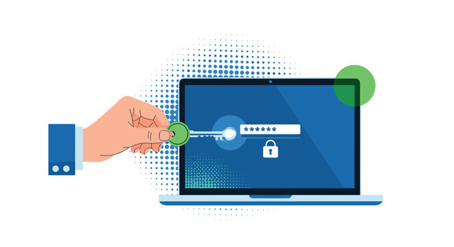 Cyber Security Login Concept Vector Illustration with Hand Inserting Key into Laptop Password Field Representing Data Protection, Authentication, Privacy, and Secure Access