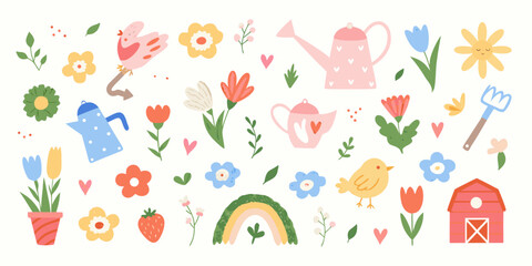 Colorful spring illustration featuring flowers gardening tools and farm elements © Ramanath