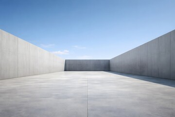 Obraz premium Minimalist concrete courtyard with high walls under clear blue sky in modern architectural s