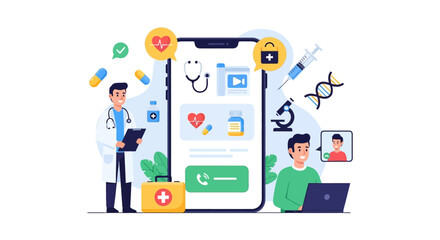 Fototapeta premium Telemedicine & Mobile Health App: Online Doctor Consultation, Digital Healthcare, Remote Patient Care & Virtual Medical Services