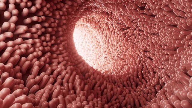 Fleshy intestinal canal lined with soft villi, 3d rendering.