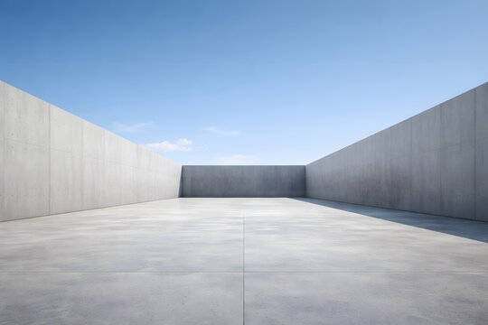 Minimalist concrete courtyard with high walls under clear blue sky in modern architectural s