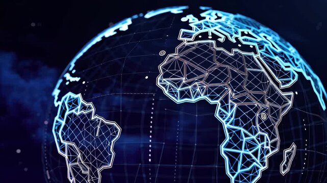 3D holographic wireframe globe, transparent polygons, neon data streams flowing along latitude longitude lines, orbiting holographic particles lens flares reflecting off edges, dark cosmic background