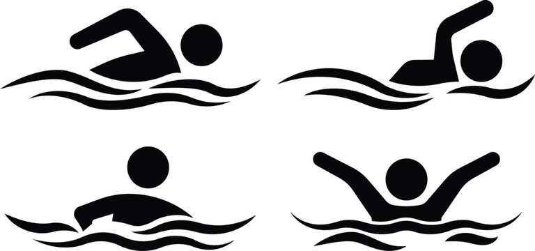 Stickman swimming stroke silhouette set, Stickman swimmer freestyle and backstroke icons, Stickman aquatic sport athlete collection