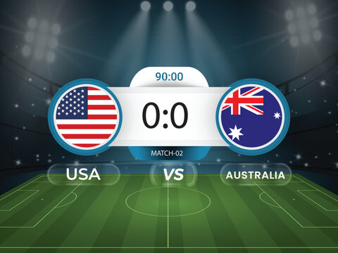 Australia vs Usa 2026 world cup match with scoreboard and broadcast schedule template design