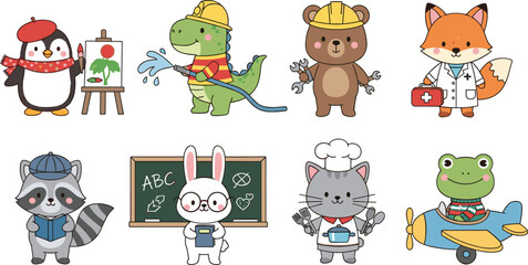 Fototapeta premium Cute Animal Professions Vector Set with Doctor Chef Teacher Pilot Builder Artist