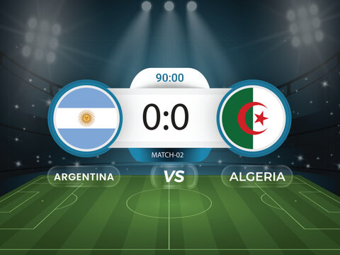 Argentina vs Algeria 2026 world cup match with scoreboard and broadcast schedule template design