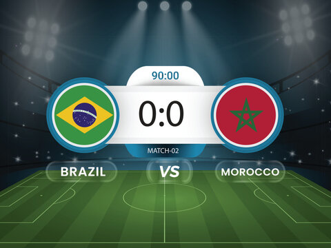 Brazil vs Morocco 2026 world cup match with scoreboard and broadcast schedule template design