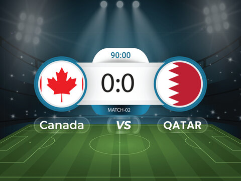Canada vs Qatar 2026 world cup match with scoreboard and broadcast schedule template design