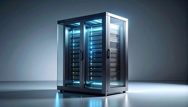 Single futuristic server rack encased in transparent glass with glowing blue internal hardware components isolated in a minimalist studio setting
