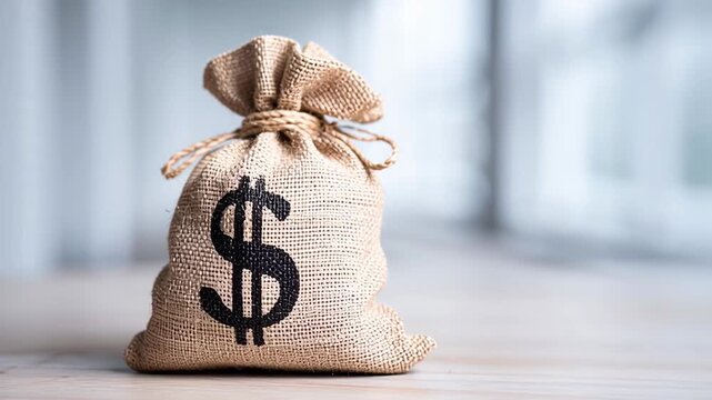 Burlap sack with a printed dollar sign sitting on a wooden table. Financial concept representing investment, profit, and economic growth
