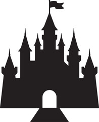Black silhouette of fantasy castle with turrets and flag also transparent background © mHs