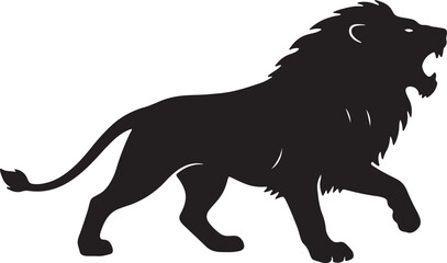 Silhouette of a black lion walking with open mouth also transparent background profile