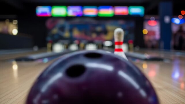 A close-up of a hand grasping a dark bowling ball with fingers, poised to throw it down a wooden lane towards pins