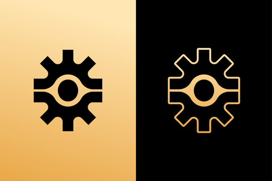 Modern lettermark O logo formed with a geometric gear and eye shapes. A bold industrial monogram symbol representing engineering, mechanics, and technology, ideal for manufacturing, repair brands