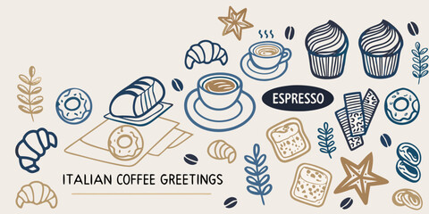 A colorful illustration of coffee pastries and various sweet treats © Ramanath