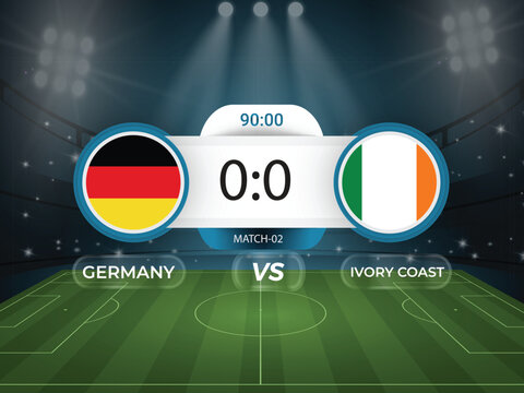 Germany vs Ivory Coast 2026 world cup match with scoreboard and broadcast schedule template design