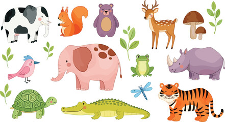 Fototapeta premium Cute Forest and Wild Animals Vector Illustration Set with Elephant Tiger Deer Bear Turtle Crocodile