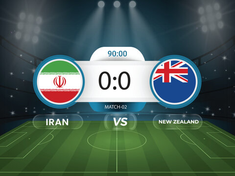 Iran vs New Zealand 2026 world cup match with scoreboard and broadcast schedule template design
