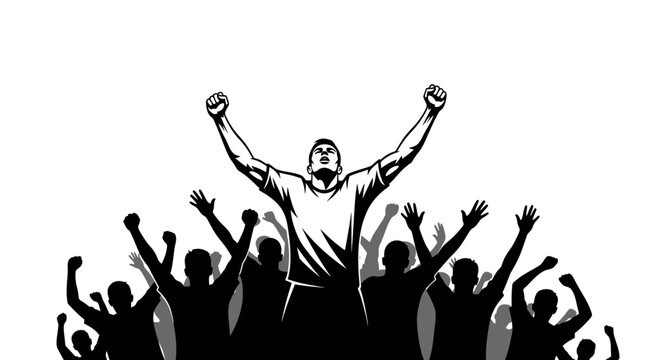 Triumphant leader standing on a crowd of people with raised hands