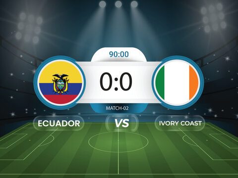 Ivory Coast vs Ecuador 2026 world cup match with scoreboard and broadcast schedule template design