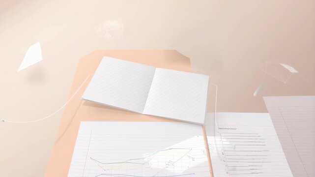 Notebook open with blank pages, graph paper with charts and notes scattered featuring desk, workspace, office with study and planning elements for