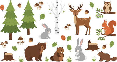 Fototapeta premium Cute Forest Animals Vector Set with Bear Deer Rabbit Squirrel Owl Woodland Elements