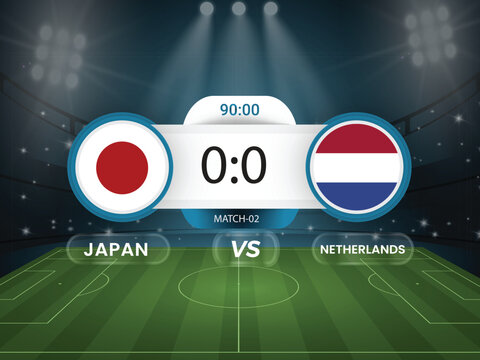 Netherlands vs Japan 2026 world cup match with scoreboard and broadcast schedule template design