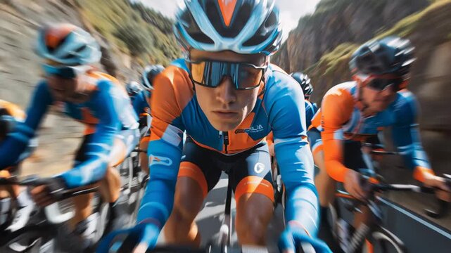 Focused professional cyclist leading the peloton during a challenging bicycle race. An athlete competing in a high speed cycling marathon